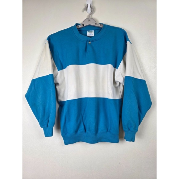 Cheetah Other - VTG 90s Cheetah Sweatshirt Unisex M Blue White Two Tone Button‎ Crew Neck Collar